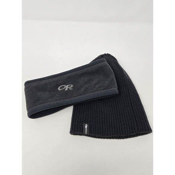 OUTDOOR RESEARCH WINTER HAT BUNDLE GREY STRIPE REVERSIBLE BEANIE & GREY HEADBAND - Picture 1 of 12